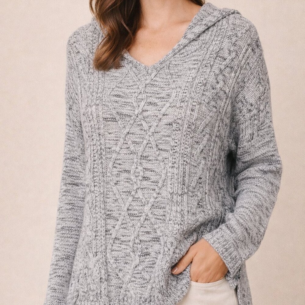Carbon2Cobalt Cable Knit Hooded Sweater V-Neck Cotton Gray Small